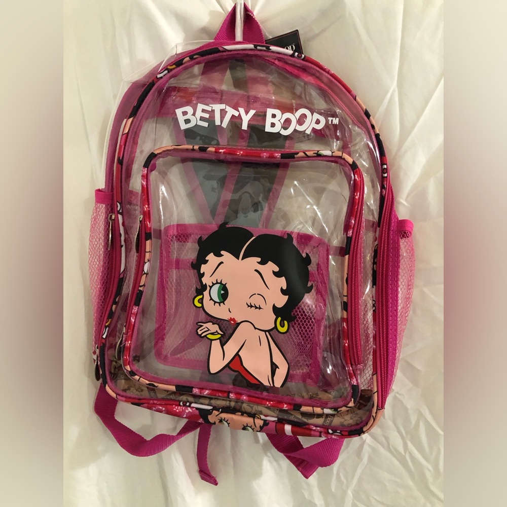 Betty Boop pink and clear vinyl pvc‎ mesh side pockets backpack brand new